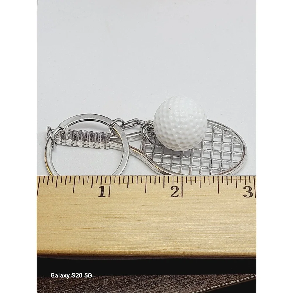 Handmade‎ White Ball Tennis Racket Keychain Silver Tone Women Sport Accessory